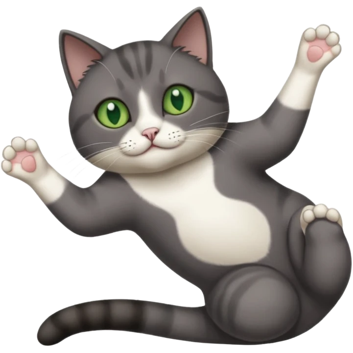 dark grey cat with green eyes, white toes/paws and white patch on her chest playfully rolling upside down emoji