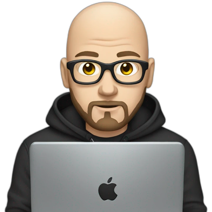 bald white man with a black beard typing on apple computer wearing a black hoodie emoji