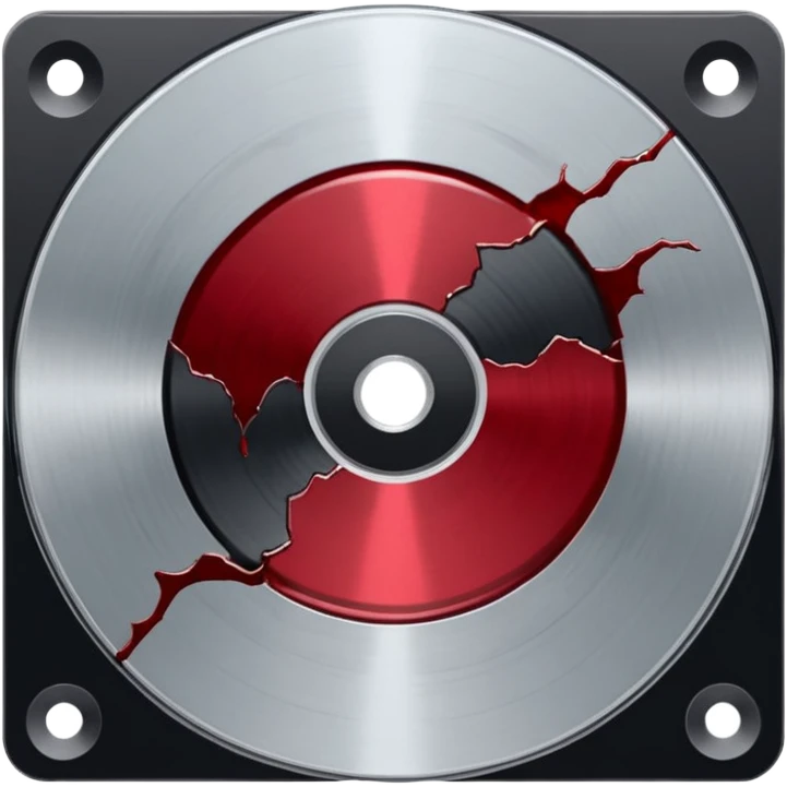Minimalist emoji-style sticker of a single CD with a sharp crack and a dried blood spot. View from above, black, gray, and muted red.
 emoji