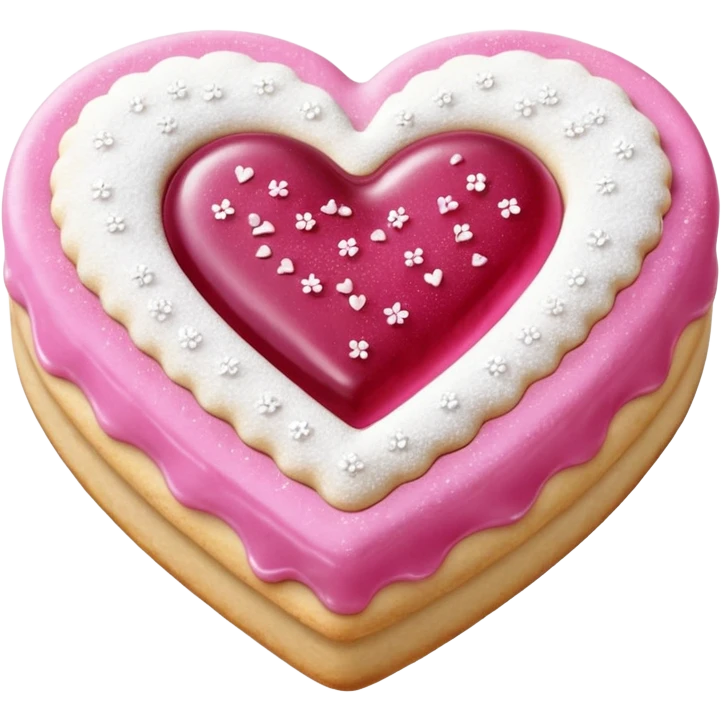Realistic shortbread cookie in the shape of a heart with pink jelly middle filling and sprinkled powder sugar on top. emoji