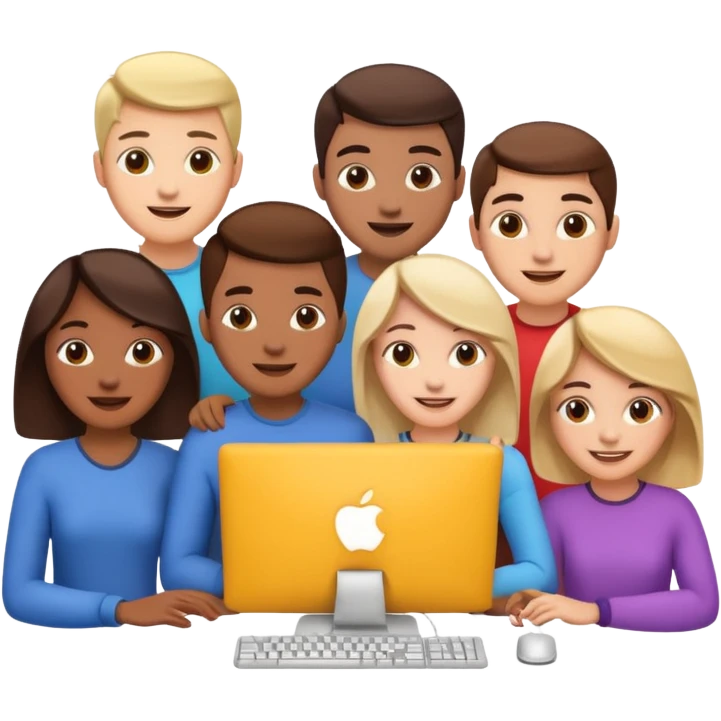 friends assembling a computer or coding together, cheerful expressions emoji