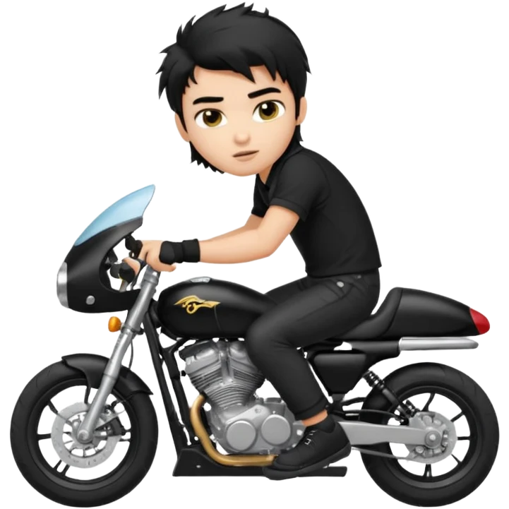generate a pretty fair bratz boy with a messy mullet (black hair), wearing a BLACK polo.  on a superbike emoji