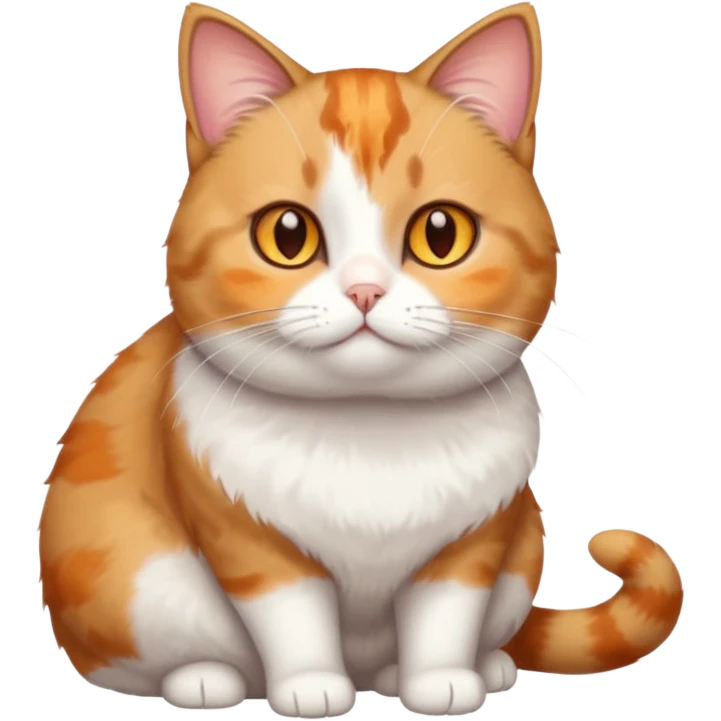 full body torbie and white cat with small head, hazel eyes, and short but chubby body emoji