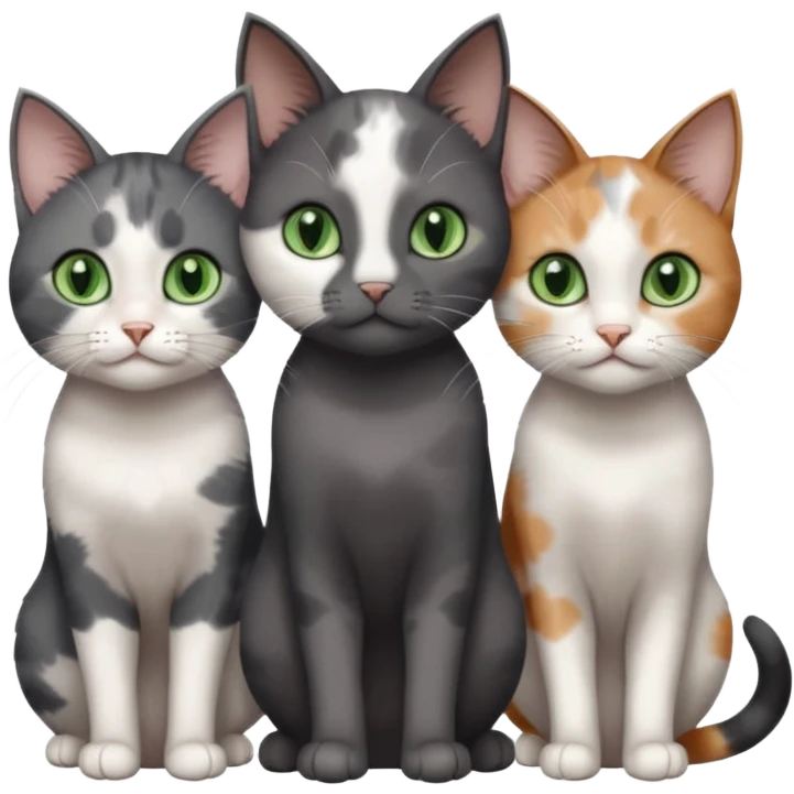 3 different coloured small cats including a dark grey and white, and a patchy calico and a completely solid dark grey with green eyes and only white paws emoji
