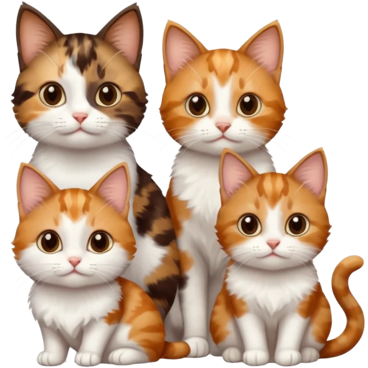 3 small cats different colours including brown tabby and white, patchy calico, and ginger and white emoji