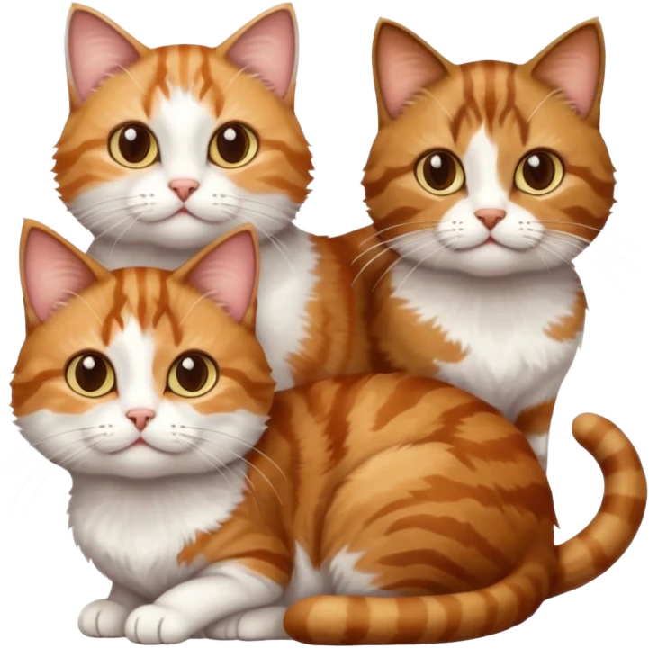 3 sibling cats each are various different natural colours; brown tabby and white, calico, and ginger and white emoji