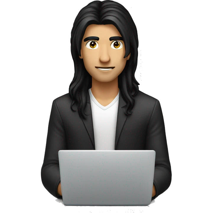 a fair screen guy with long length black hair working on a laptop haing black or brow eyes emoji