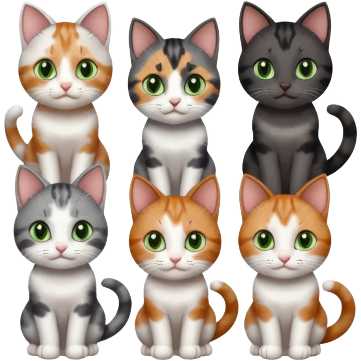 6 different coloured small cats including a dark grey and white, and a patchy calico, and a brown tabby and white,  and a completely solid dark grey with green eyes and only white paws emoji
