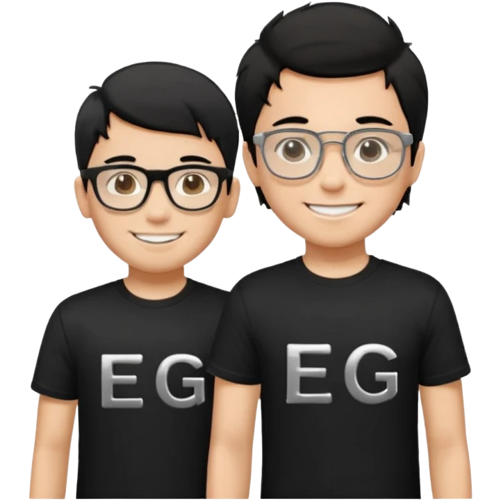 2 boys both wearing black t-shirts with the letters EDG, one wearing silver rectangular glasses, black hair, smiling; the other with black hair smiled brightly emoji