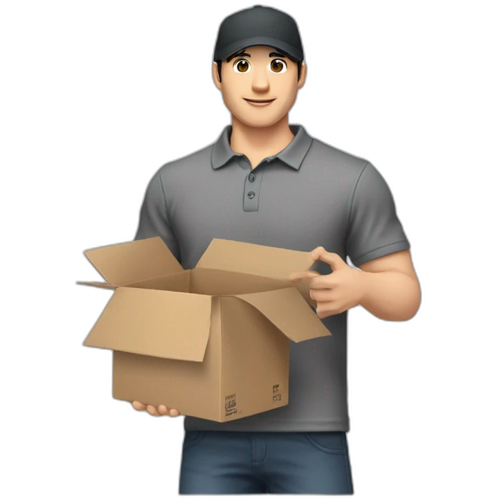 Pale skinned fit Man with black hair in a gray cap and dark gray polo T-shirt keeping a box into his hands emoji