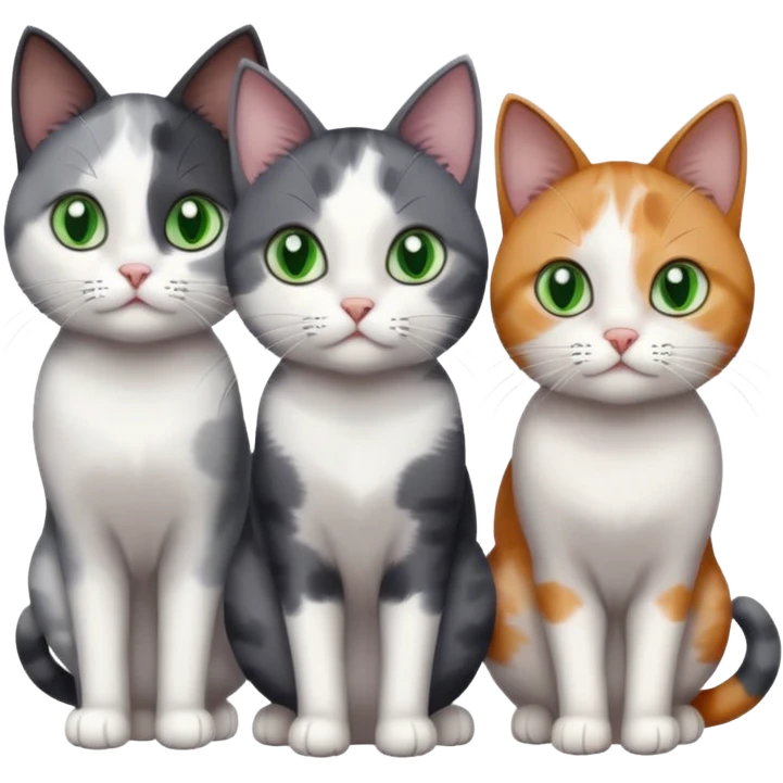 3 different coloured small cats including a dark grey and white, and a patchy calico and a completely solid dark grey with green eyes and only white paws emoji