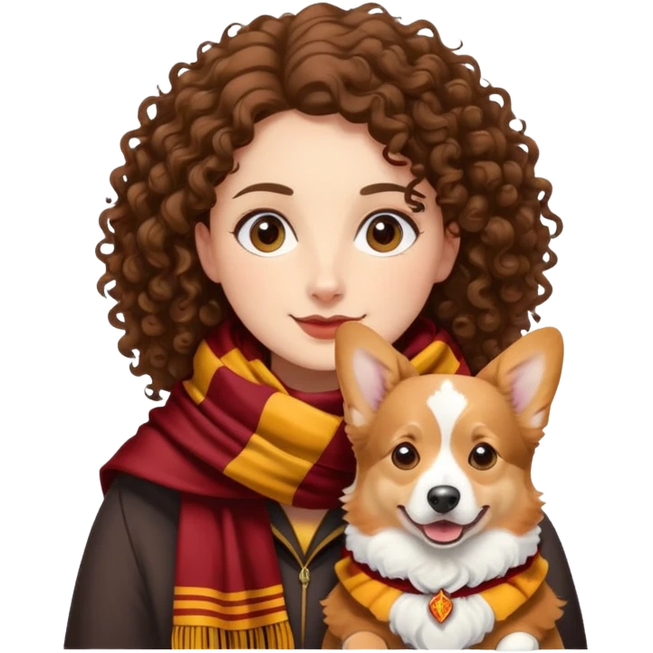 Curly-haired brunette with a corgi wearing a Gryffindor scarf  emoji