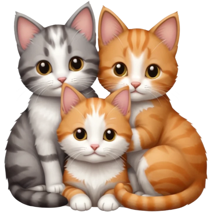 6 tiny kittens cuddling together all different colours, the first one is grey and white, the second is ginger and white and the third is brown tabby and white emoji