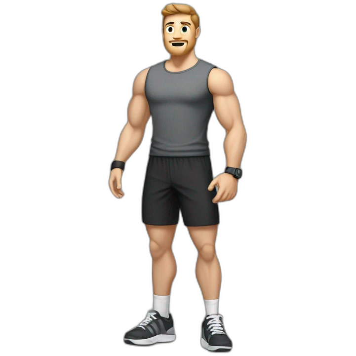 Full height Actively gesturing with hands Pale skinned Fit Man With the biceps and brown hair in dark gray Sleeveless Mike, black oversize sports shorts, watch and white Sneakers emoji