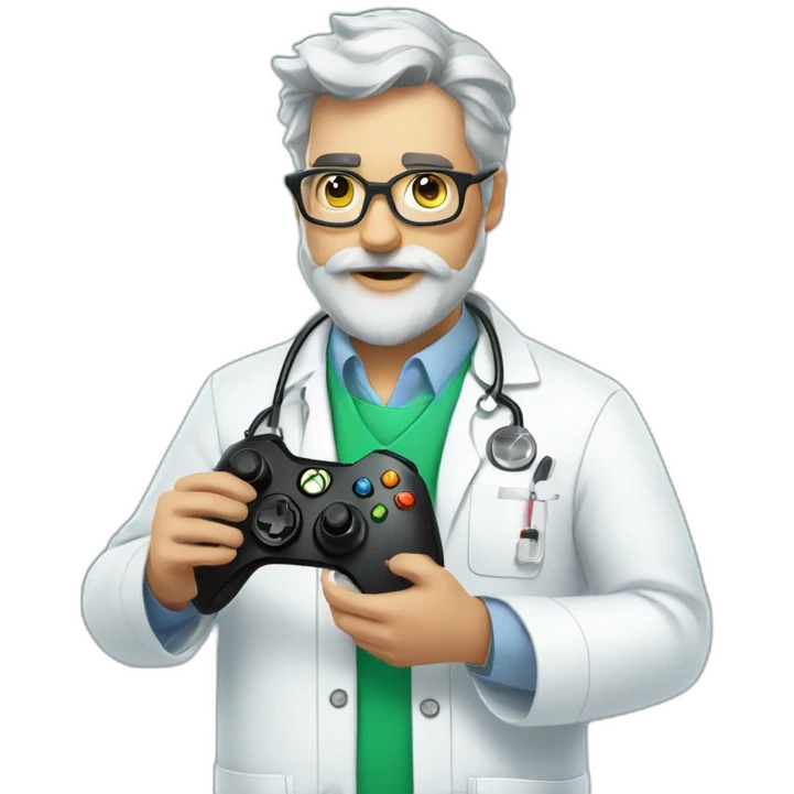 Grey beard in lab coat with Xbox controller emoji