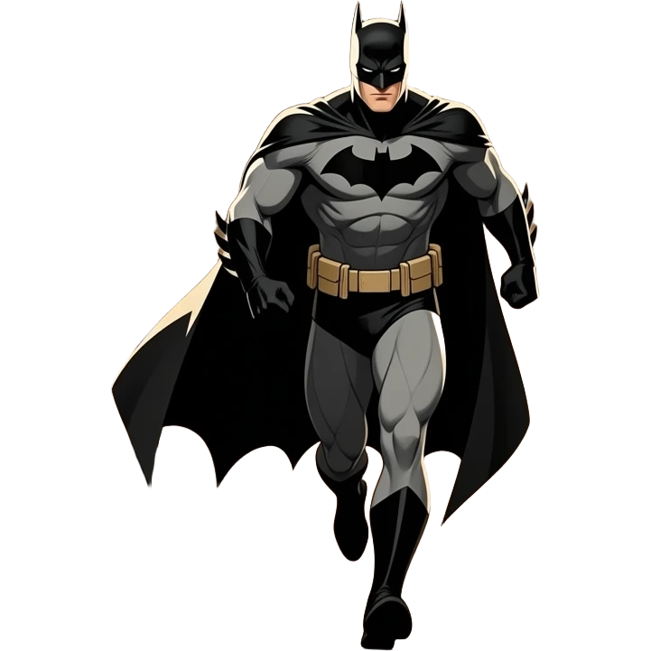 Batman running in a dark street at night, retro, art nouveau, sepia tone, very thin athletic physique, 90° fov, tall light, bathed in shadows, realistic style, emoji