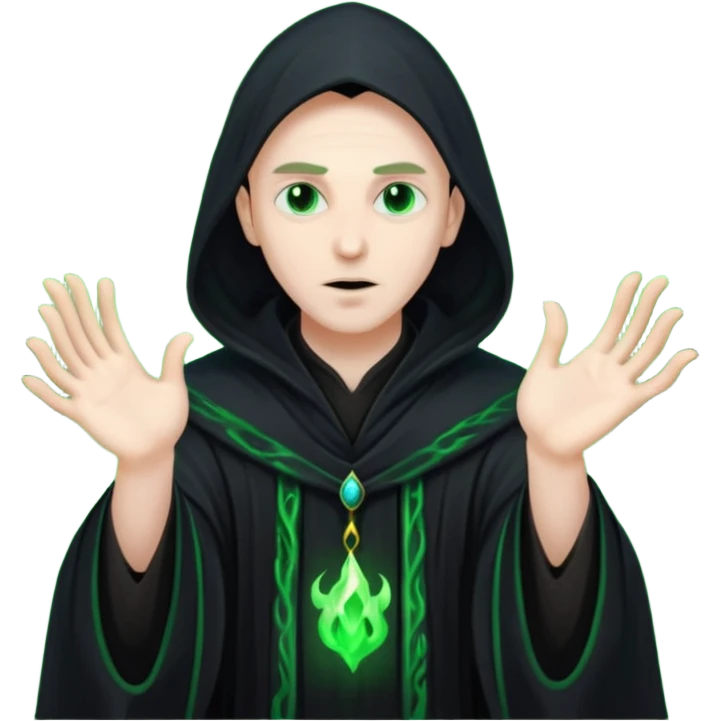 A dark sorcerer in flowing black robes, conjuring eerie green flames emoji