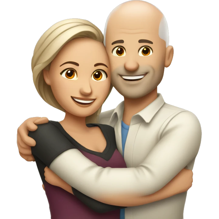 couple hug with warm smiles, white bald man, Mexican woman  emoji