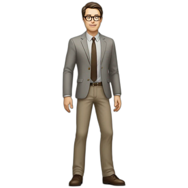 Full height Actively gesturing with hands Pale skinned fit man with dark brown hair in gray jacket, beige office shirt, brown tie, brown pants and vintage glasses. emoji