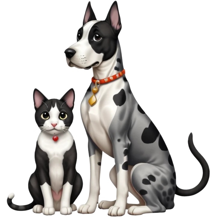 Harlequin great dane dog sitting with a black and white cat emoji