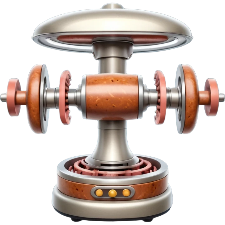 sausage-processing droid. retro-futuristic style. top is a circular industrial meat grinder with rotating gears and blades. Two robotic arms feed material into grinder. Sausage links extrude from the rear like  factory. The body is metallic, compact, and floats above the ground.no legs. Dark humor emoji