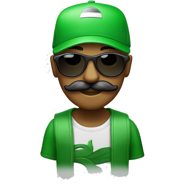 The face of  amen with mustache and with a sunglases and a cap green  emoji