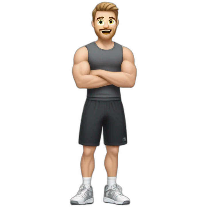 Close up Actively gesturing  with hands Pale skinned Fit Man With the biceps and brown hair in dark gray Sleeveless Mike, black oversize sports shorts, watch and white Sneakers emoji
