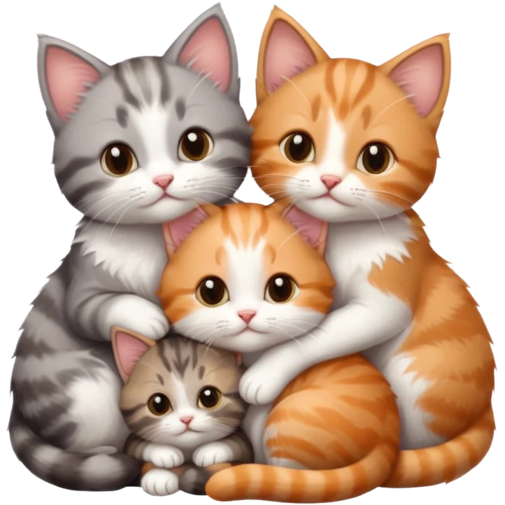 3 tiny kittens cuddling together all different colours, the first one is grey and white, the second is ginger and white and the third is brown tabby and white emoji