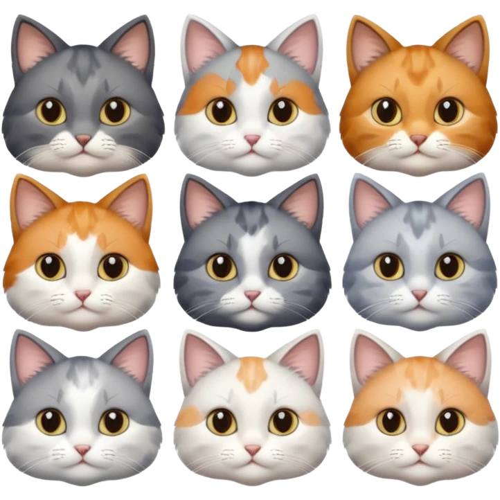 6 realistic looking cats with different natural coloured coats, assorted grey and white, greys, calico, brown and white colours etc
 emoji