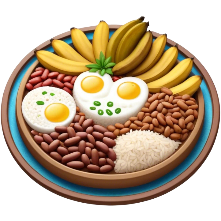 Cinematic Realistic Bandeja Paisa Dish Emoji, depicted as a hearty platter featuring beans, rice, meat, and plantains rendered with detailed textures and vibrant, robust lighting. emoji