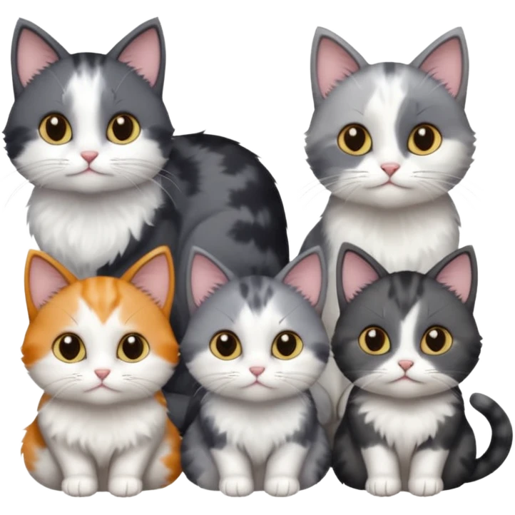 3 different coloured small cats including a dark grey and white, and a patchy calico and a completely solid dark grey with only white paws emoji