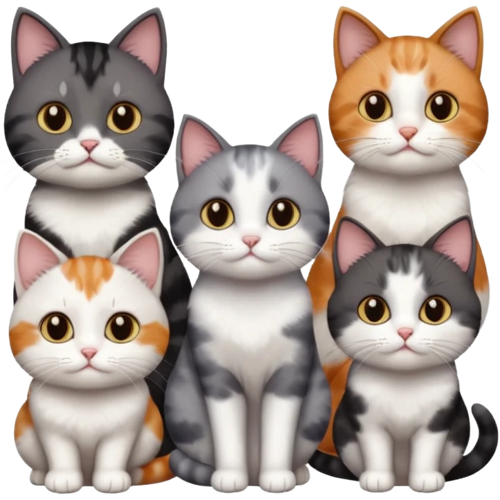 5 different coloured short haired cats including; a dark brown and white cat, and a dark grey and white, and a calico emoji