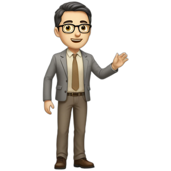 Full height Actively gesturing with hands Pale skinned fit man with dark brown hair in gray jacket, beige office shirt, brown tie, brown pants and vintage glasses. emoji