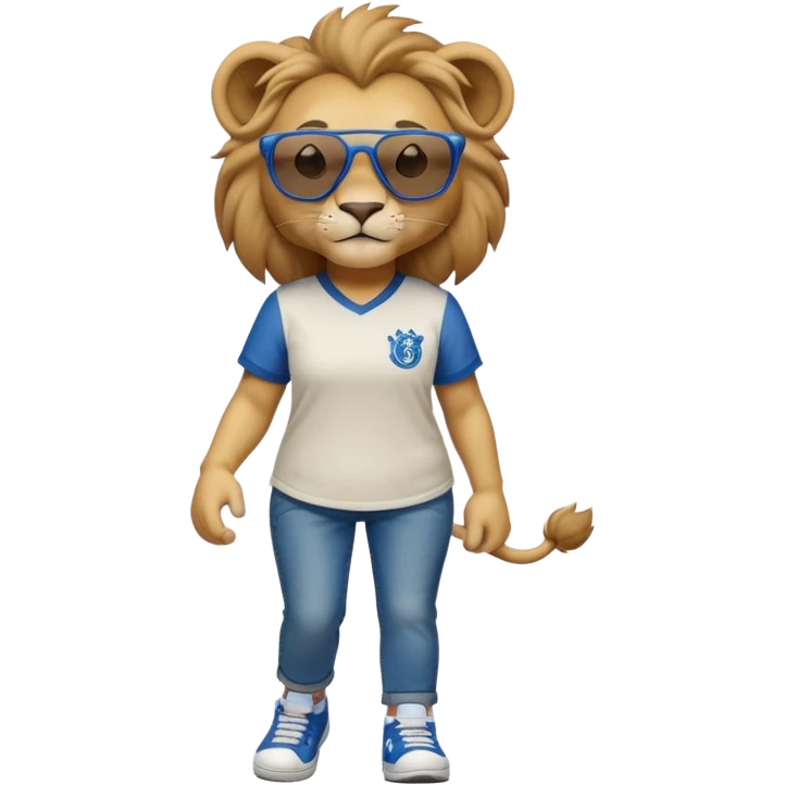 confident anthropomorphised female lion wearing a baseball shirt, jeans, trainers, dark sunglasses, walking upright, looking self-assured emoji