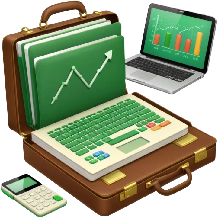An open book with a graph and financial charts, a briefcase, a calculator, and a laptop nearby. The icon should represent the world of business, finance, and professional growth. Green color scheme. emoji
