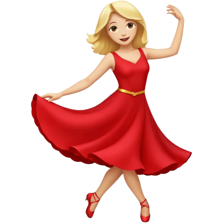 a yellow-blonde woman dancing wearing a red dress, in flat emoji / Apple style, smooth shapes, glossy highlights, bright saturated colors, simple features, minimal details, no outlines, red clothes flowing, joyful pose
 emoji