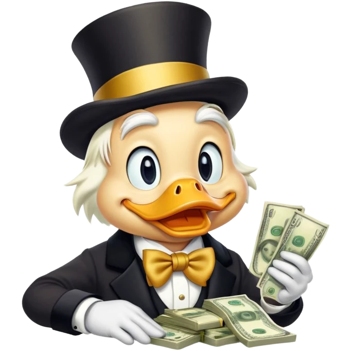 Scrooge McDuck counting money, rich duck character with top hat emoji