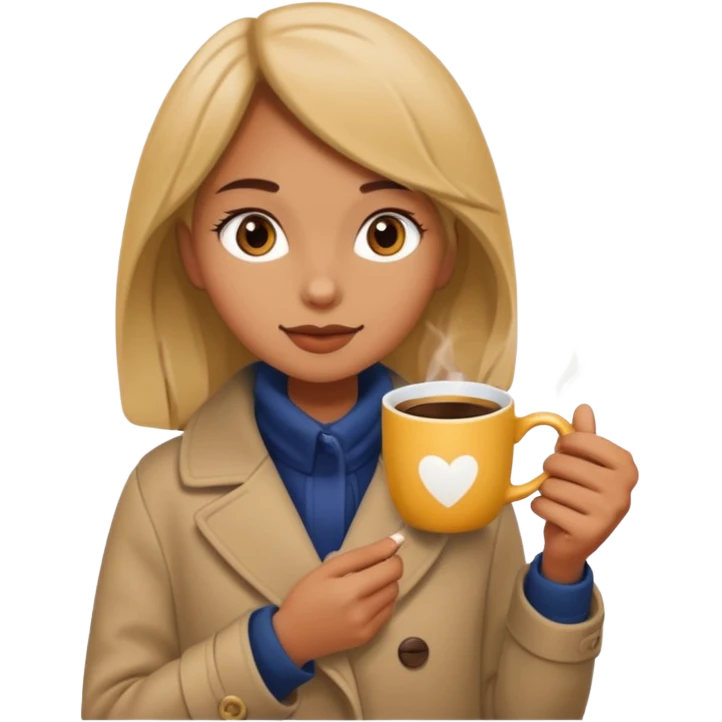 فتاة حنطية اللون ترتدي معطف وبيدها كوب قهوة ومسترخية emoji