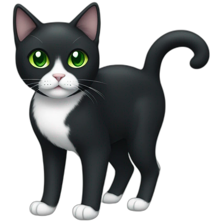 A black cat with green eyes with a white mustache, with a thin white stripe on the nose on the right side, with a full-length white breast and white paws emoji