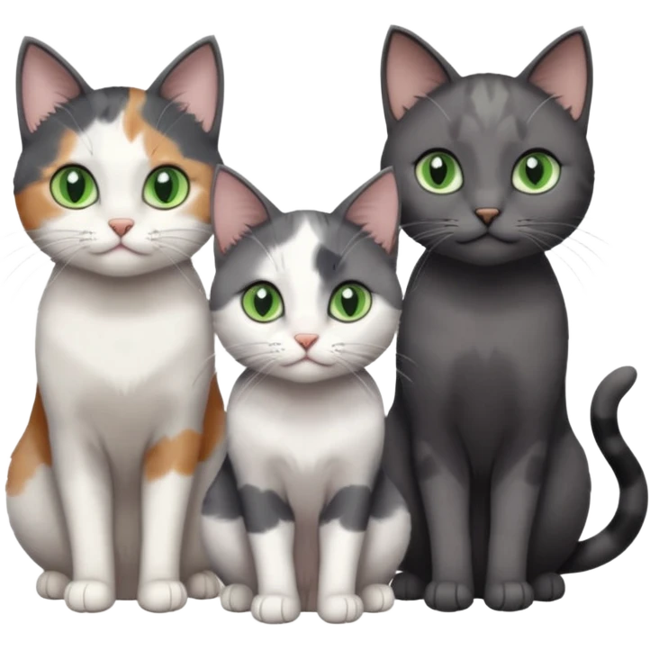 3 different coloured small cats including a dark grey and white, and a patchy calico and a completely solid dark grey with green eyes and only white paws emoji