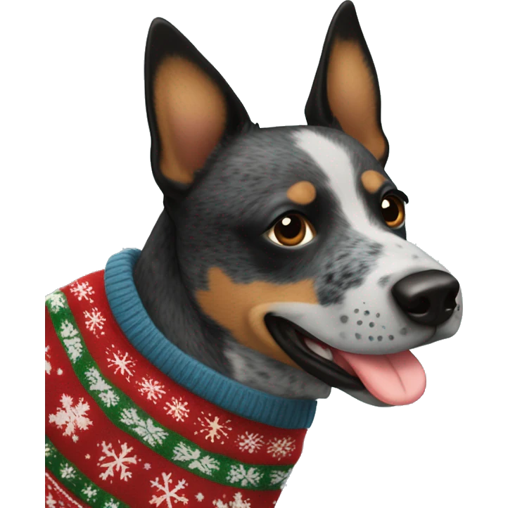 Queensland blue heeler with black and brown patch on side of face in a Christmas sweater  emoji