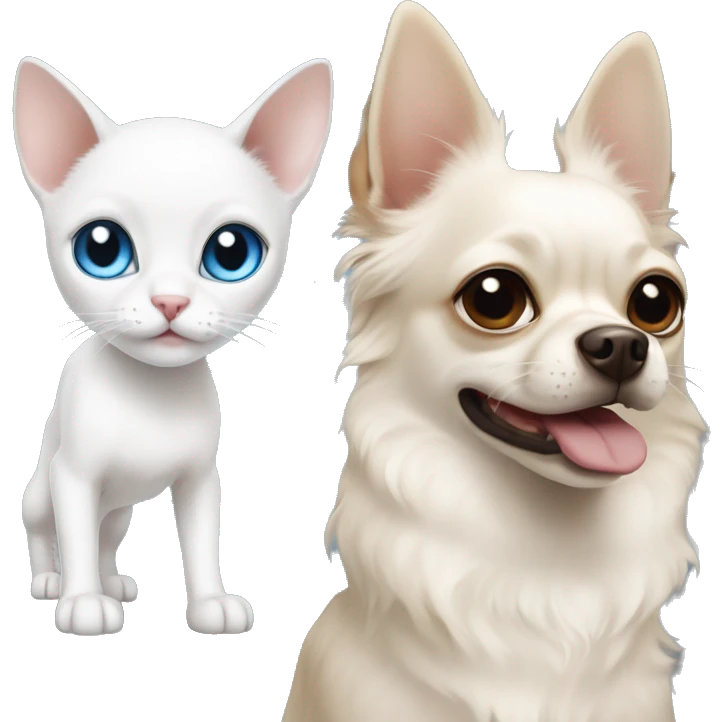 white cat blue eyes standing next to tan chihuahua with dark eyes  emoji