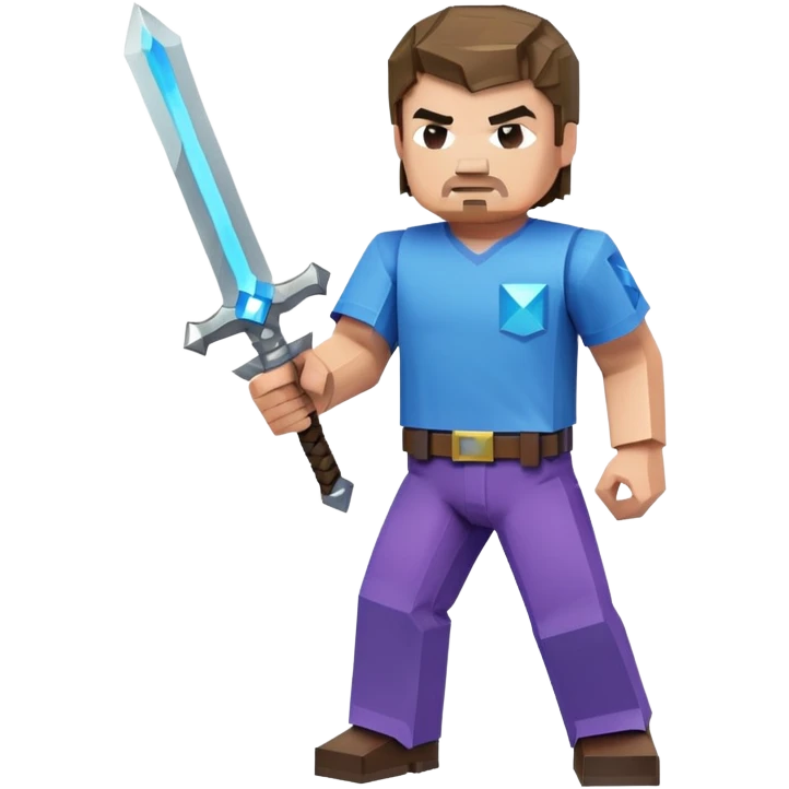 Jack Black as Minecraft Steve in combat pose holding sword, blocky character with brown hair, blue shirt, and purple pants emoji