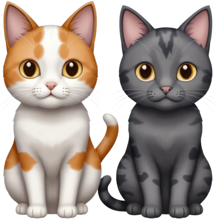 3 different coloured small cats including a dark grey and white, and a patchy calico and a completely solid dark grey with only white paws emoji