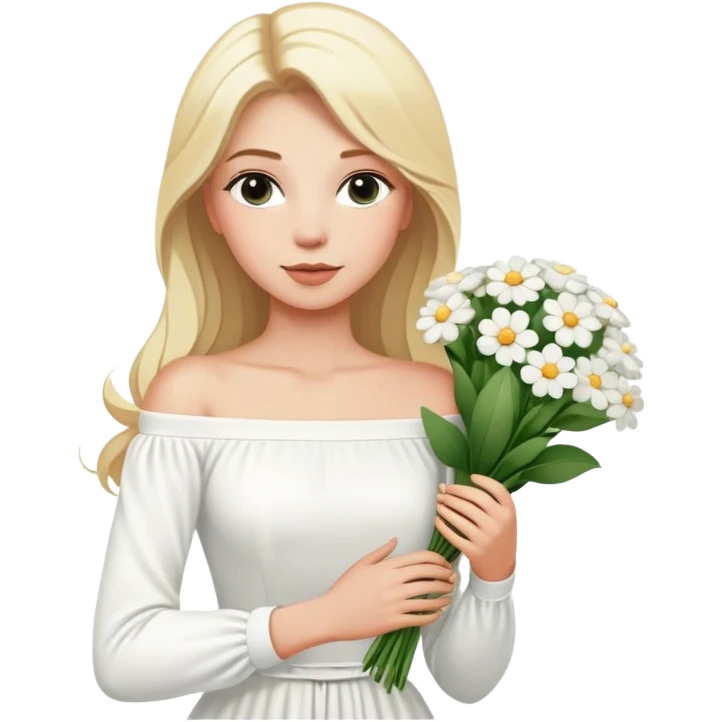 blonde woman in a white off-shoulder dress with long sleeves and a bouquet of white flowers in a white bag in her right hand emoji