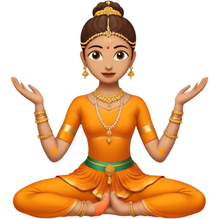 give me some bharatanatyam dancer emojis with some light brown skin and have 1 hand above head and 1 hand below hip and make the hands hold a bharatanatyam mudra emoji