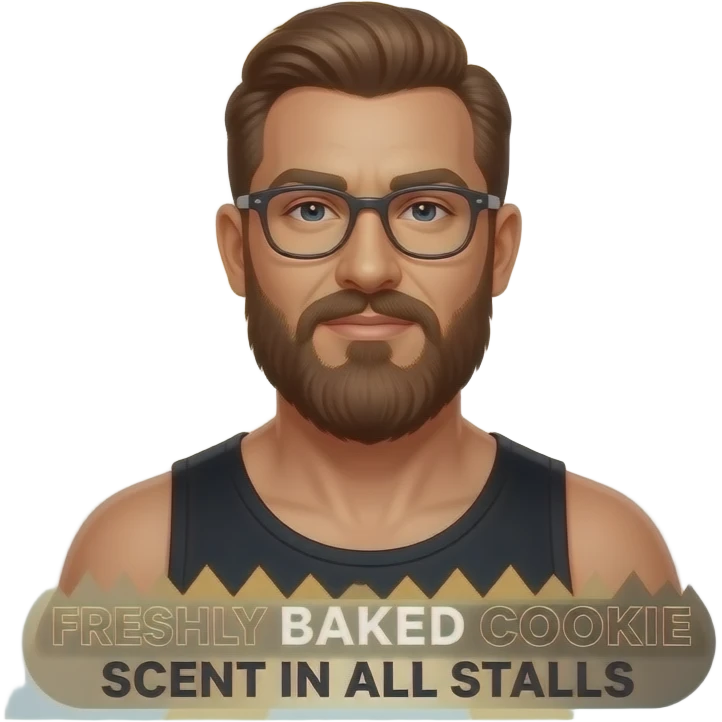 Poster for SteamWorks gay bathhouse with the text: "SteamWorks, celebrates Mothers Day" + "Freshly baked cookie scent in all stalls." With bearded drag queen mom, no women  theme. emoji
