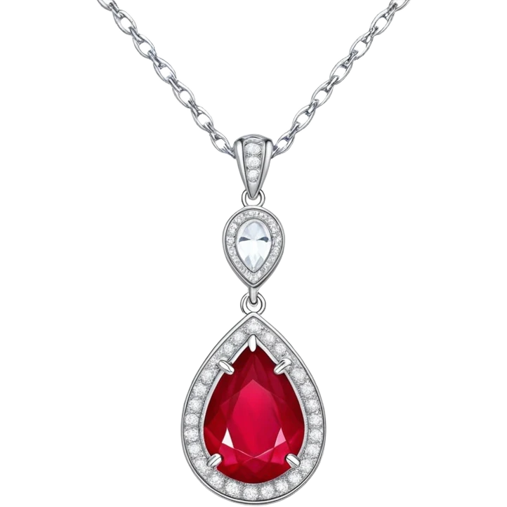 teardrop ruby pendant with silver chain and white stones, glowing with passion and renewal emoji