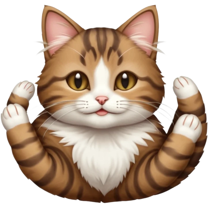 dark brown tabby and white small cat in funny positions upside down with eyes closed emoji