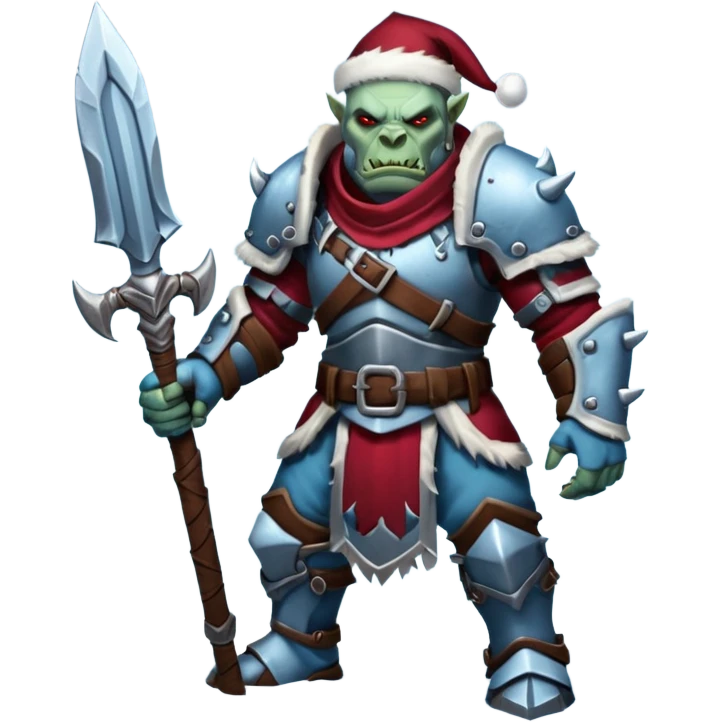 
Fantasy Christmas orc legion soldier icon, iron tundra army theme, heavy winter armor, disciplined brutal look, icy blue steel armor with deep crimson accents, frozen metal texture, cold winter atmosphere, male variant emoji